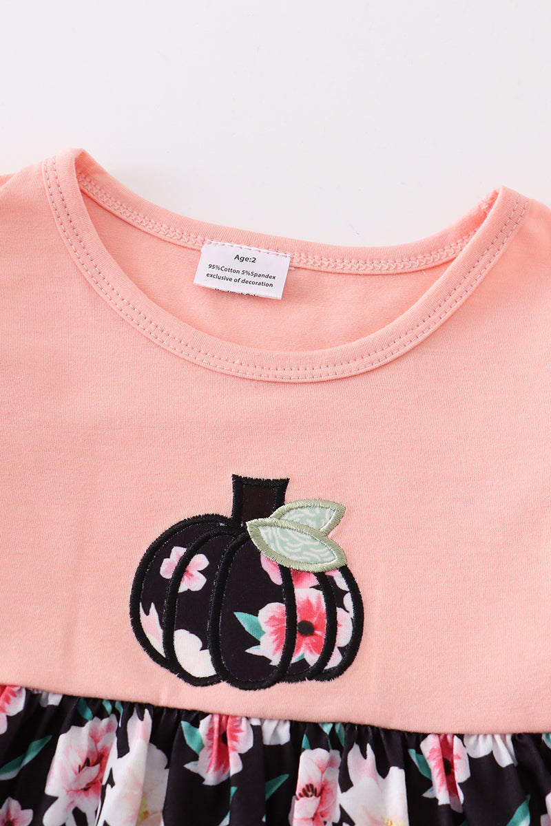 Floral print pumpkin applique dress