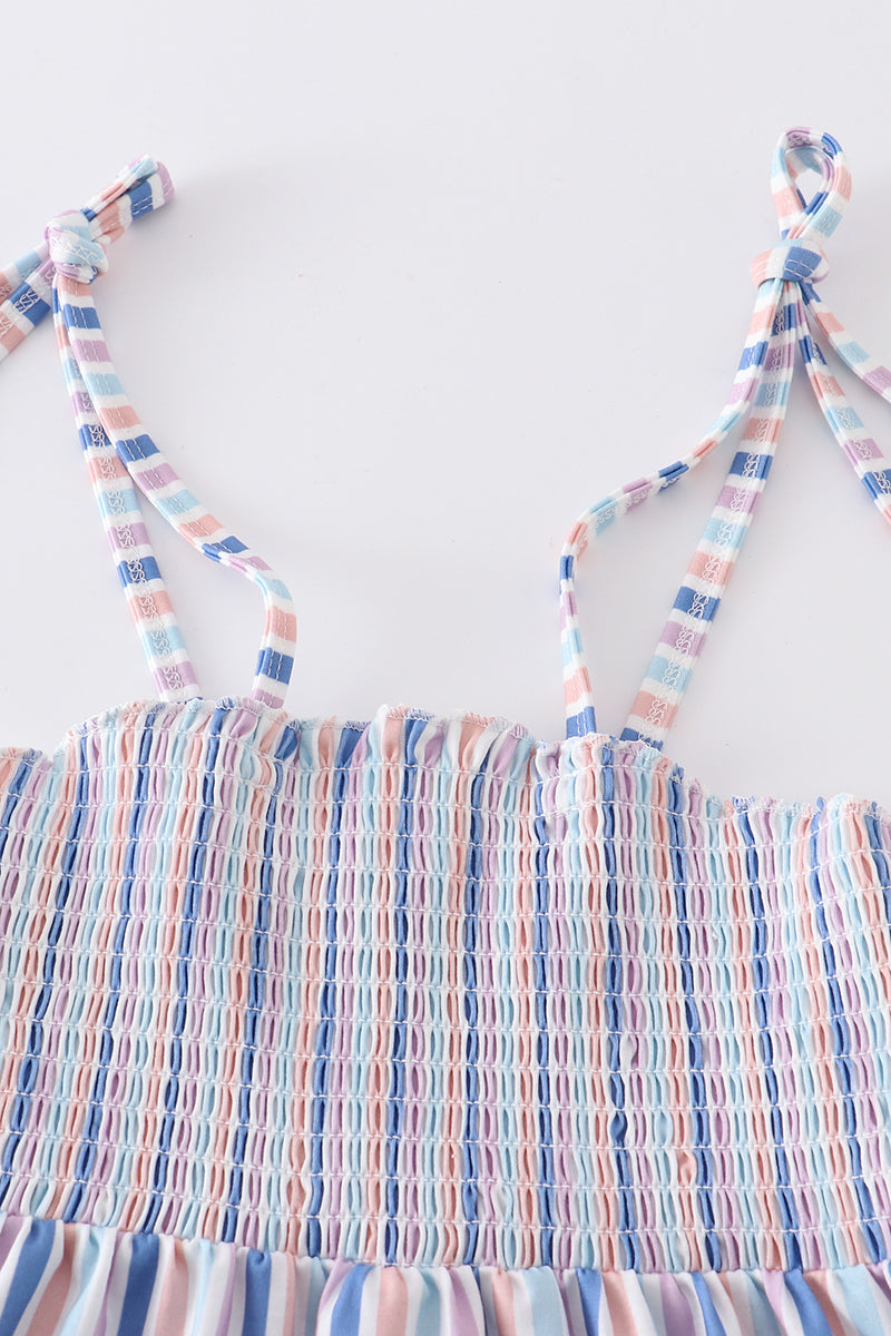 Blue stripe smocked strap dress