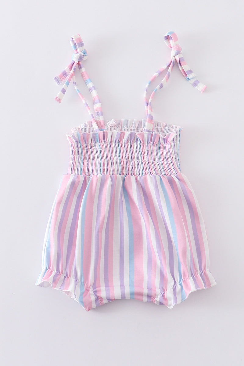 Purple stripe smocked strap girl bubble