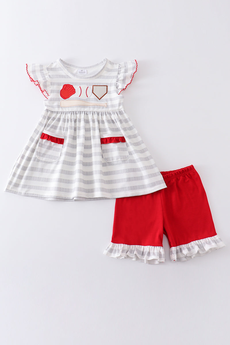 Gray stripe baseball applique girl set