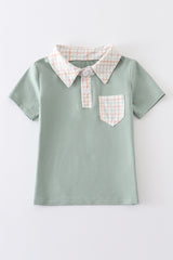 Green button down plaid boy shirt