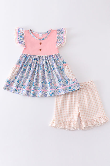 Pink floral print ruffle girl set