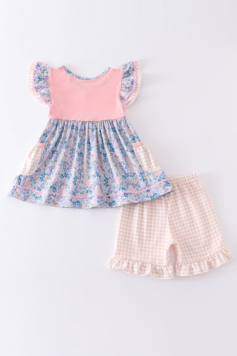 Pink floral print ruffle girl set