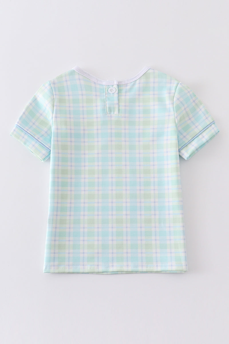 Blue easter plaid he is risen embroidery boy top