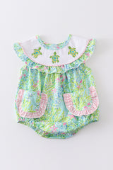Green Turtle Embroidered Ruffle Bubble