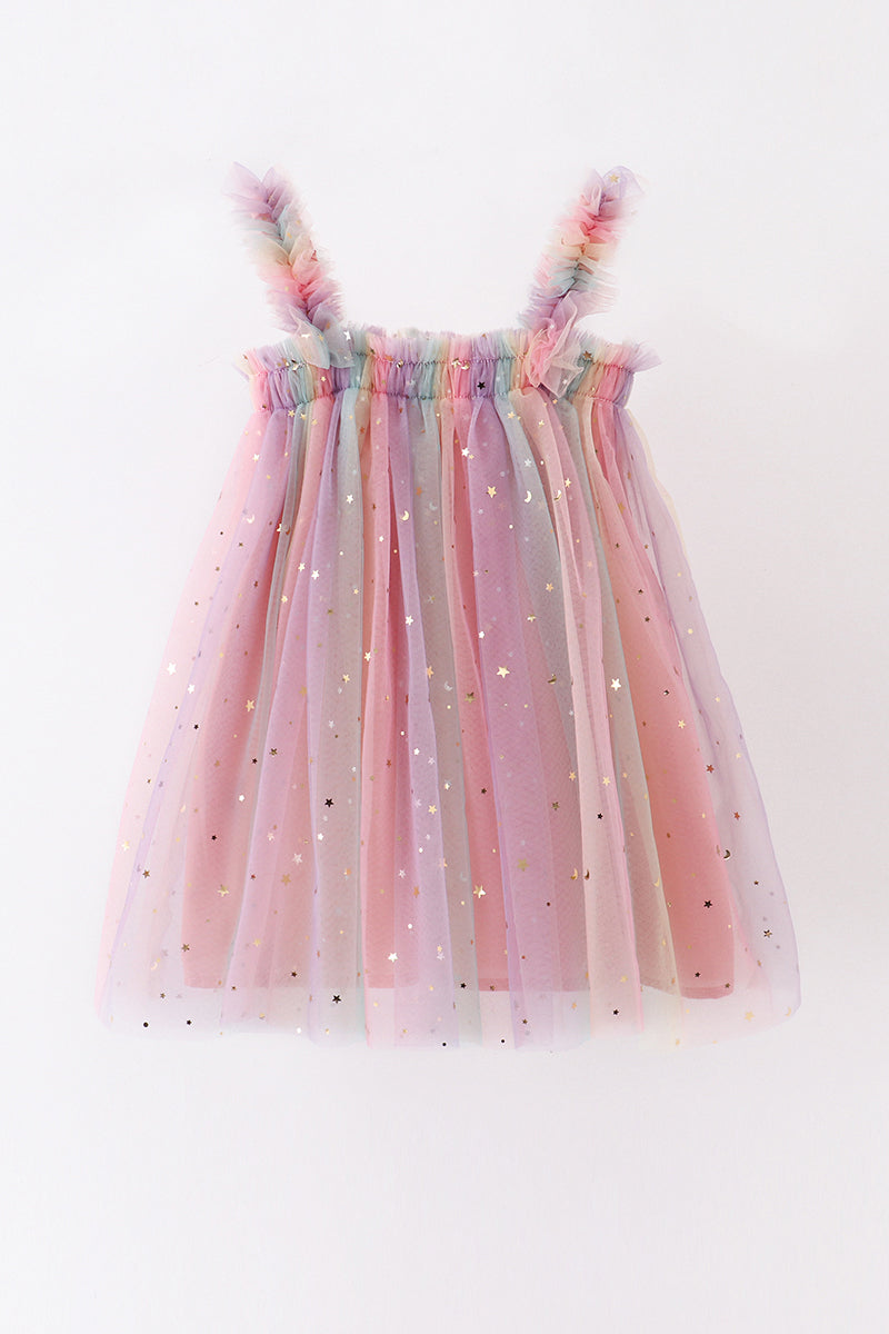 Rainbow star strap tulle dress