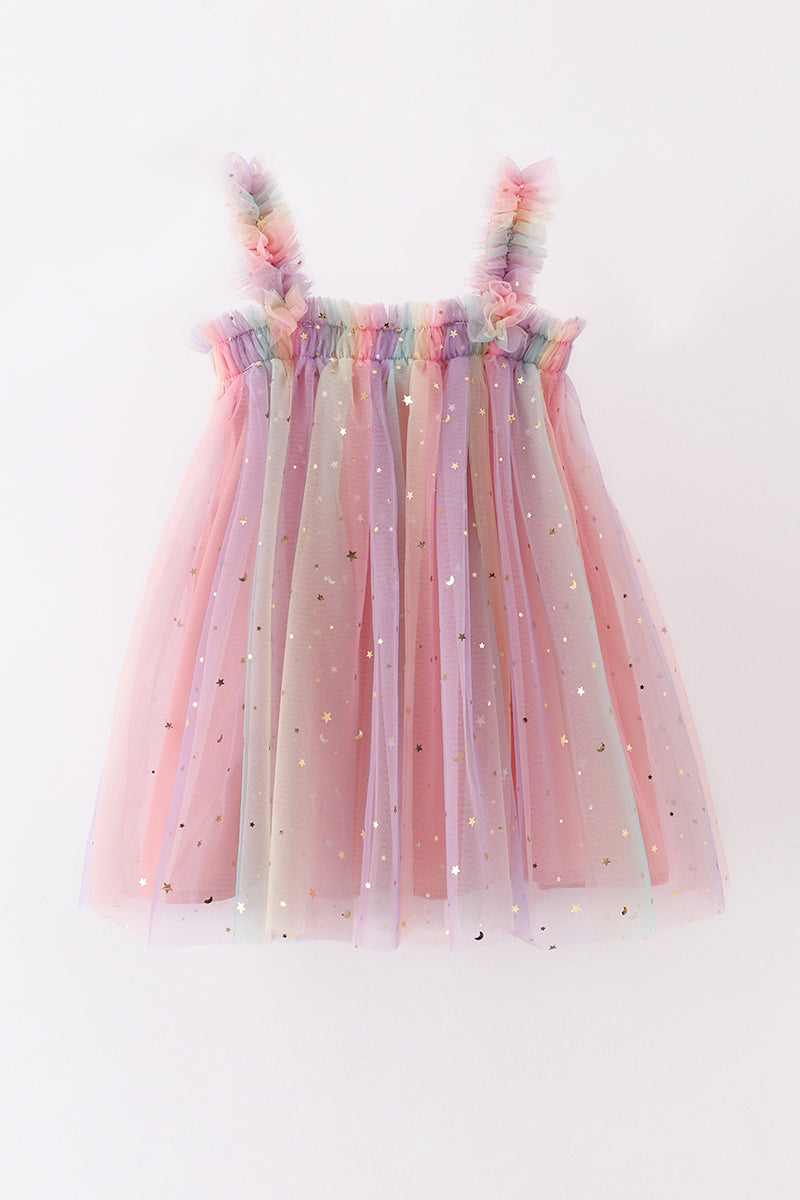 Rainbow star strap tulle dress