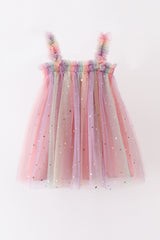 Rainbow star strap tulle dress