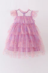 Pink star tiered ruffle tulle dress