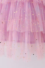 Pink star tiered ruffle tulle dress