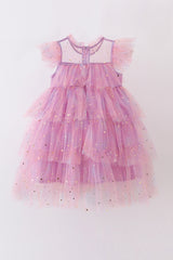 Pink star tiered ruffle tulle dress