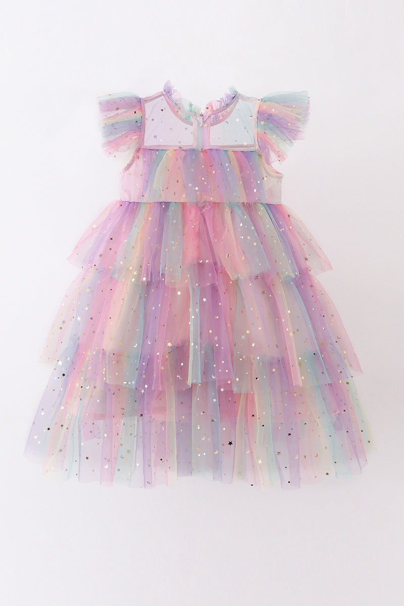 Rainbow star tiered ruffle tulle dress