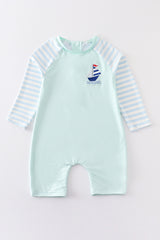 Mint sailboat embroidery boy one-piece rashguard swimsuit