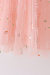 Pink strap daisy embroidery tulle dress