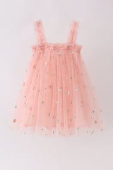 Pink strap daisy embroidery tulle dress