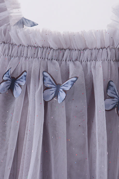 Grey blue strap butterfly tulle dress