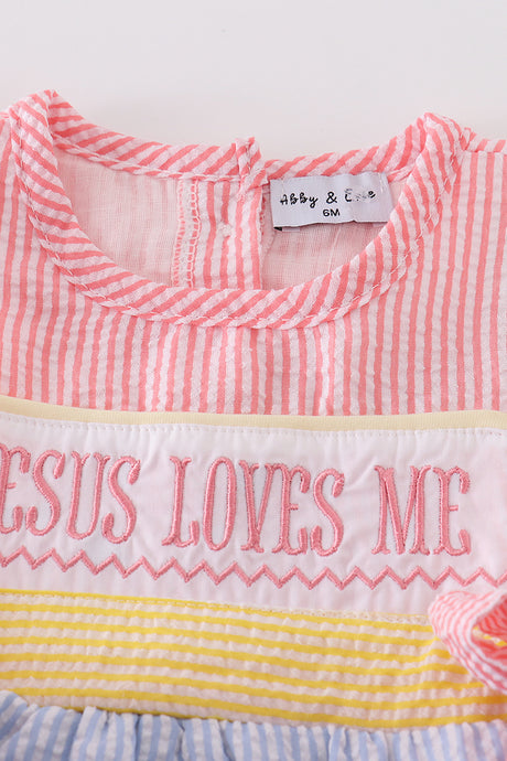 Easter seersucker Jesus loves me embroidery girl bubble