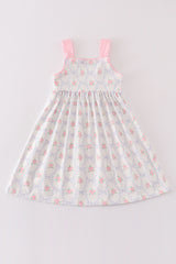 Pink bow floral print girl dress