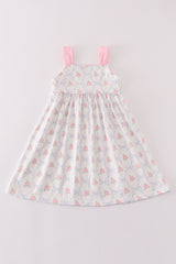 Pink bow floral print girl dress