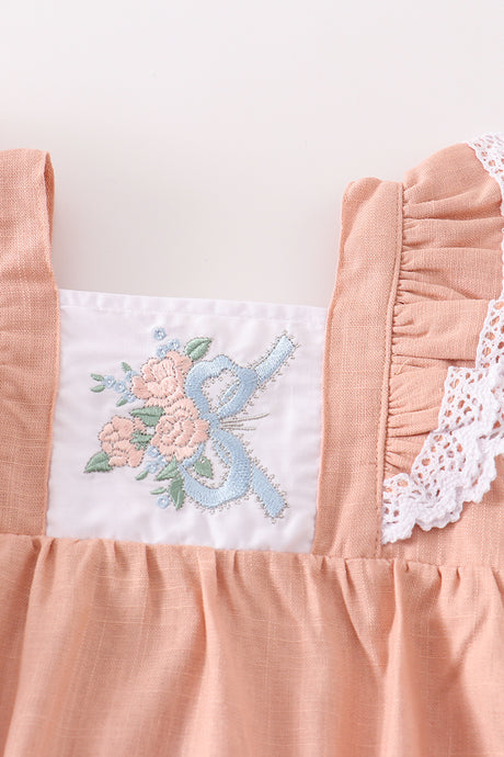 Pink floral embroidery linen ruffle bubble