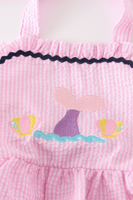 Pink seersucker mermaid embroidery girl swimsuit
