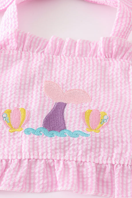 Pink seersucker mermaid embroidery 2pc girl swimsuit
