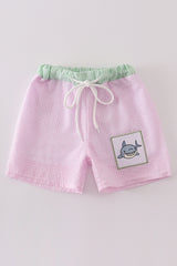 Pink seersucker shark embroidery boy swim trunks