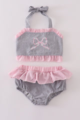 Pink seersucker bow embroidery 2pc swimsuit