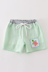 Green seersucker turtle embroidery boy swim trunks