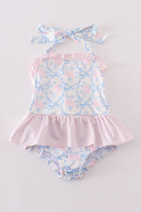 Blue bow tie print smocked girl swimsuit