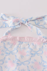 Blue bow tie print smocked girl swimsuit