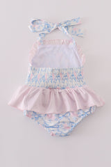 Blue bow tie print smocked girl swimsuit