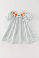 Green pumpkin embroidery check dress