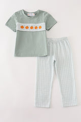 Green pumpkin embroidery check boy set