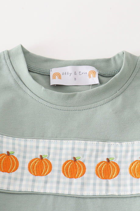 Green pumpkin embroidery check boy set