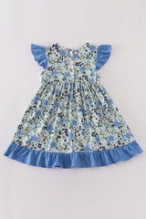 Blue floral pumpkin embroidery ruffle dress