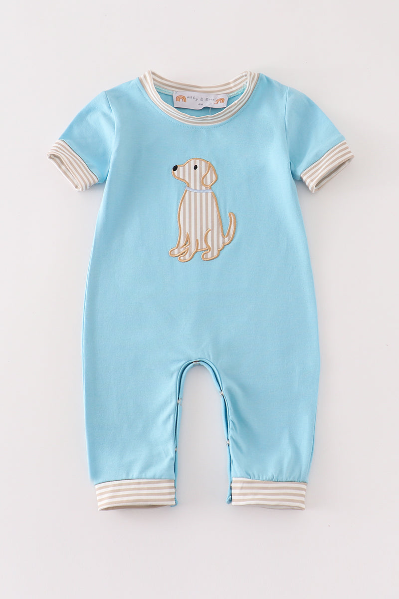 Blue puppy applique boy romper