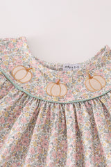 Pink floral print pumpkin embroidery girl ruffle set