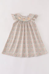 Pink floral print pumpkin embroidery girl dress