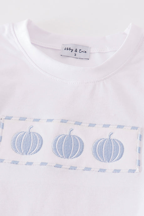 Blue pumpkin embroidery plaid boy set