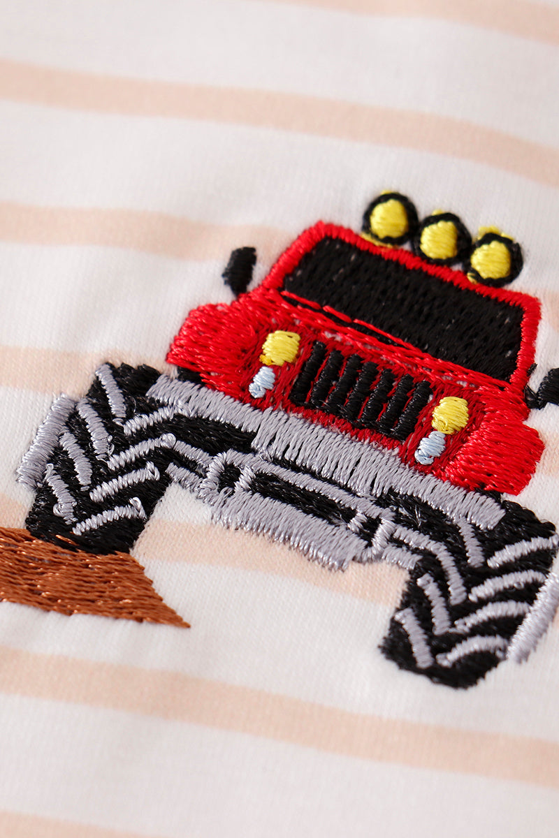 Stripe vehicle embroidery boy romper