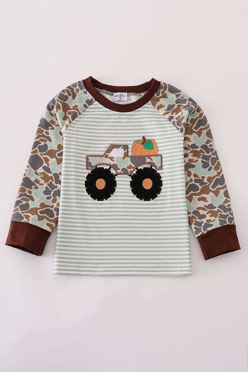Camouflage truck pumpkin applique stripe top
