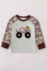Camouflage truck pumpkin applique stripe top
