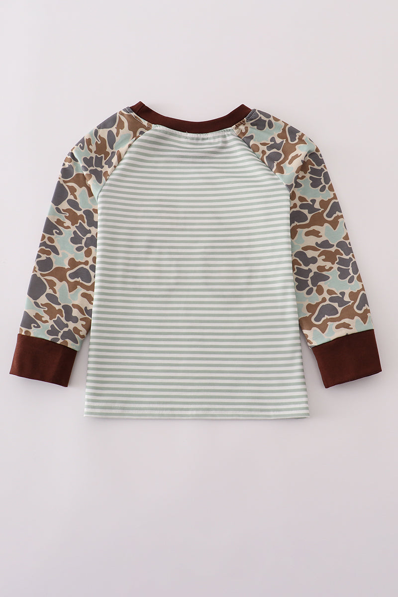 Camouflage truck pumpkin applique stripe top