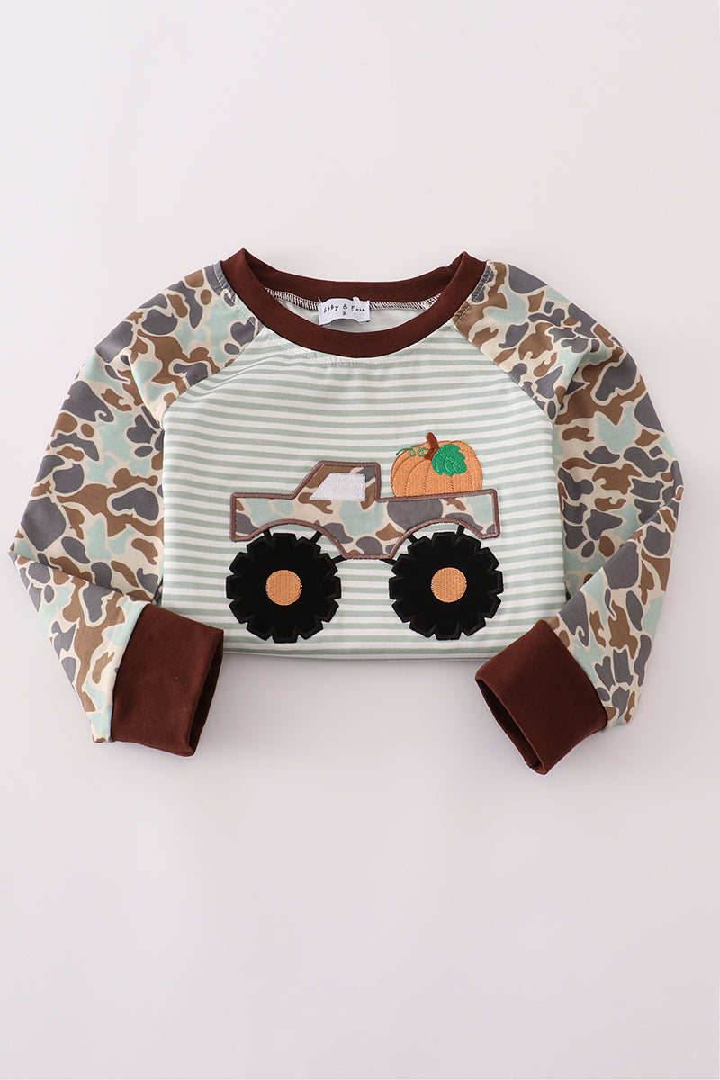 Camouflage truck pumpkin applique stripe top