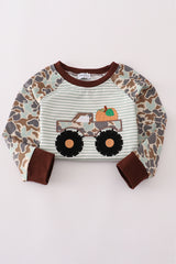 Camouflage truck pumpkin applique stripe top