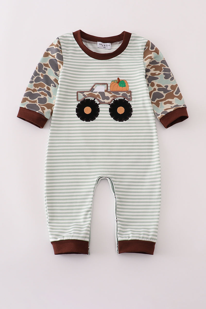 Camouflage truck pumpkin applique stripe romper