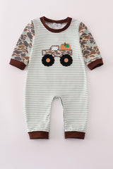 Camouflage truck pumpkin applique stripe romper