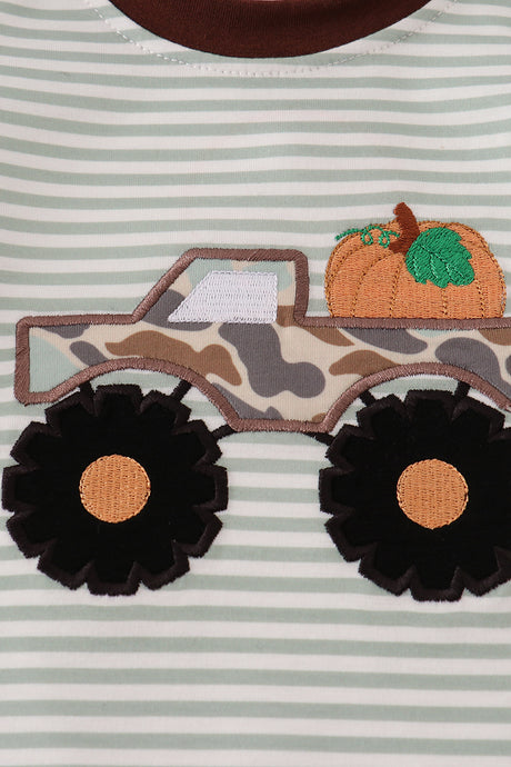 Camouflage truck pumpkin applique stripe romper