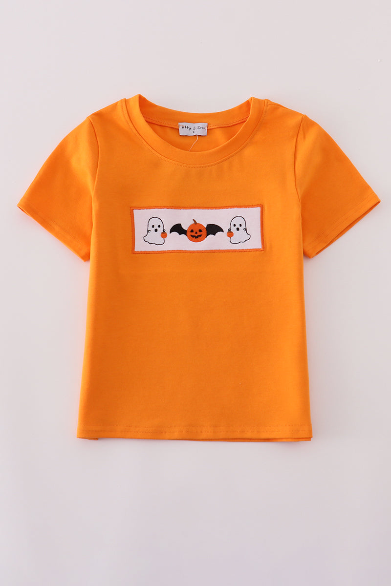 Orange Halloween pumpkin ghost embroidery top